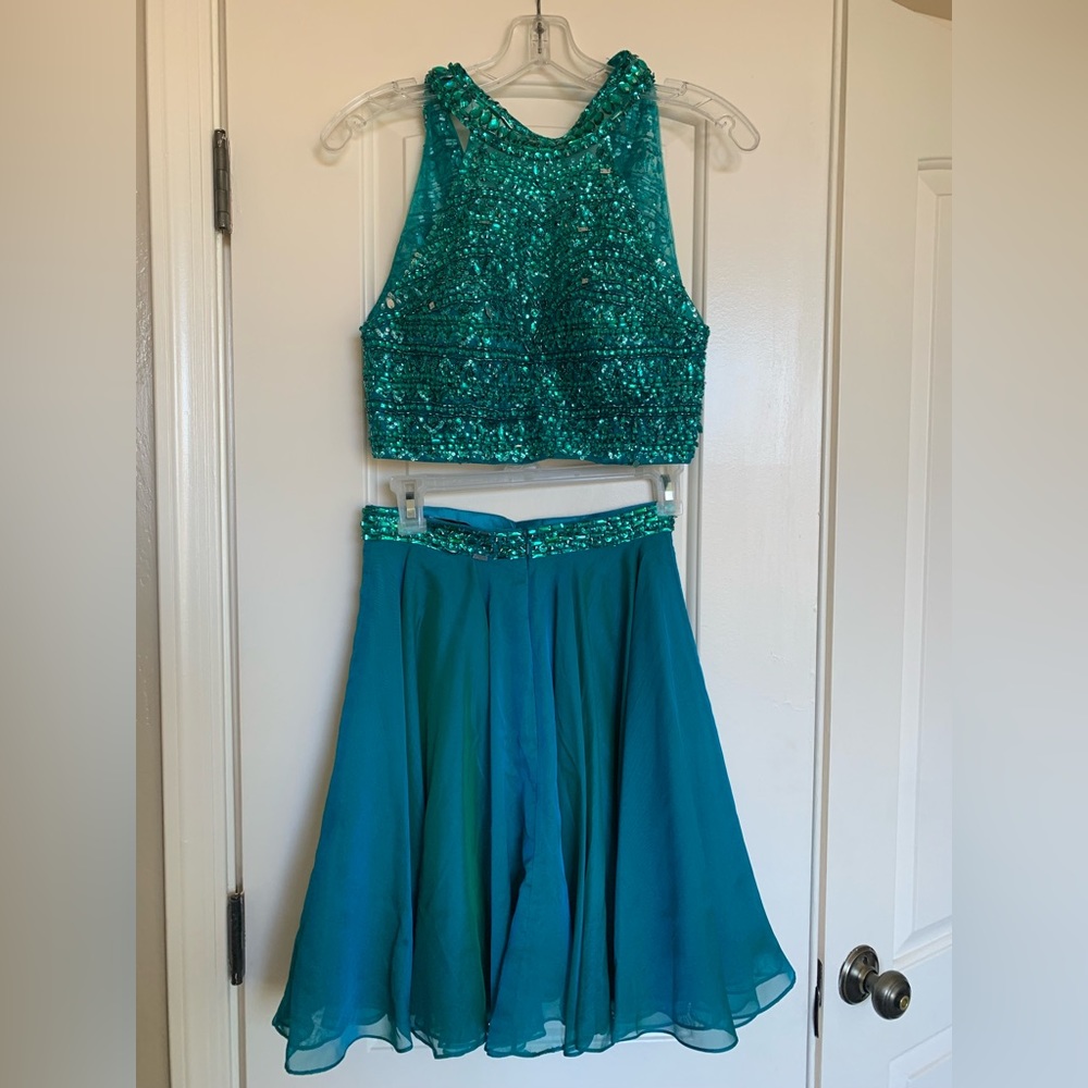 Sherri Hill jade turquoise, green, two piece stunning dress